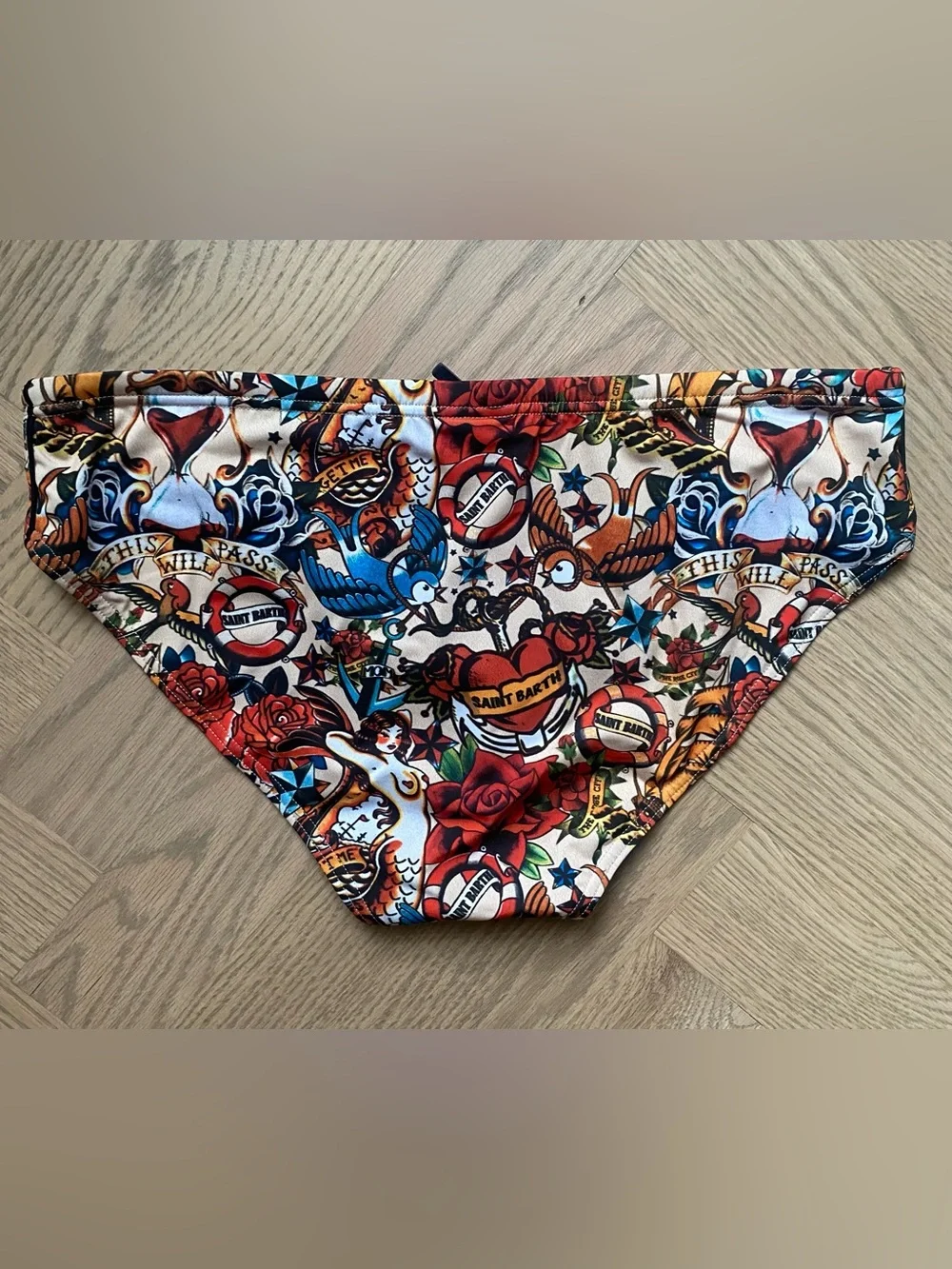 MC2 Saint Barth Mens Tattoo-Print Swim Briefs in Black and Multi